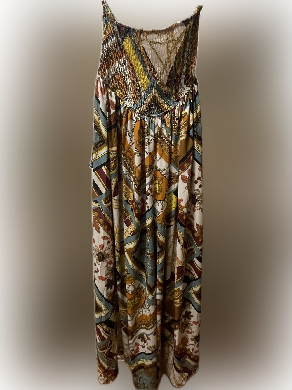 Fashion Nova Scarf-Print Jumpsuit in Mustard, Blue & White